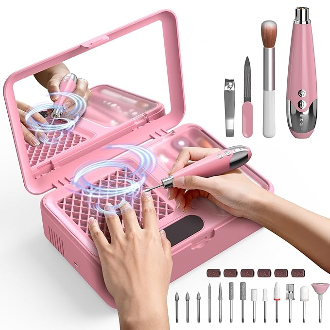 Nail Dust Collector and Cordless Electric Nail Drill File Kit, Professional Portable Manicure Pedicure, 13 Bits, HPro Powerful Dust Suction Machine for Home Salon - Pink