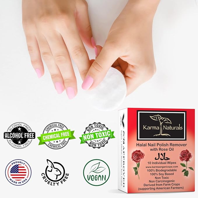 Karma Halal Nail Polish Remover Wipes with Rose Oil; Non-Toxic, Vegan, Cruelty-Free – Pack of 10
