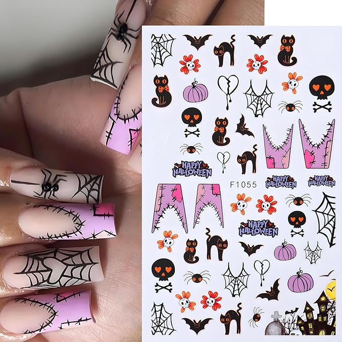 Halloween Nail Art Stickers, Cute Cat Nail Decals 3D Self-Adhesive with Spider Bat Pumpkin Flower Skull Spider Web Design 6Pcs Halloween Nail Art Supplies for Women Nail Decoration