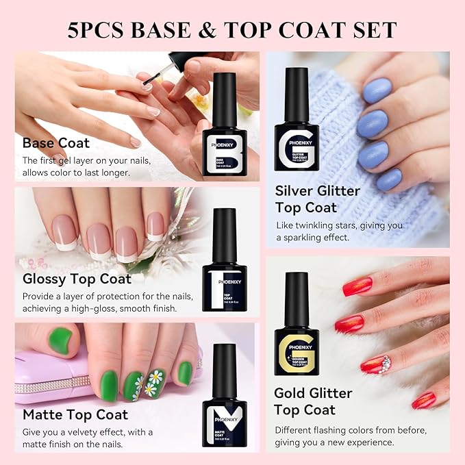 phoenixy Gel Nail Polish 30 PCS Gel Nail Polish Set Dark Color Collection Manicure Set for Women Matte Silver Gold Glitter Top Coat for Women - PCB9042
