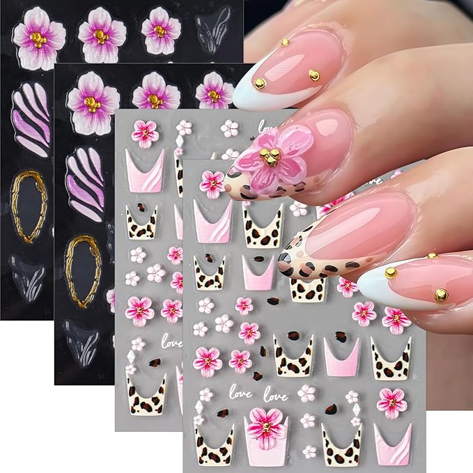 4 Sheets Flower Nail Art Stickers Decals 5D Embossed Flower Leopard French Line Nail Decals Pink Floral Leopard Nail Art Design Pink Flowers Coil Nail Supply for Women Winter DIY Manicure Decorations