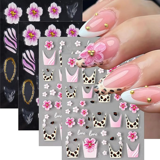 4 Sheets Flower Nail Art Stickers Decals 5D Embossed Flower Leopard French Line Nail Decals Pink Floral Leopard Nail Art Design Pink Flowers Coil Nail Supply for Women Winter DIY Manicure Decorations