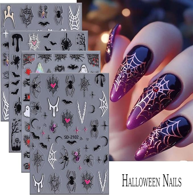 6 Sheets Halloween Nail Art Stickers 3D Self -Adhesive Ghost Bat Spider Nail Decals Holographic Spider Web Skeleton Blood Drop Nail Stickers Halloween Nail Decoration for Women Manicure Supplies