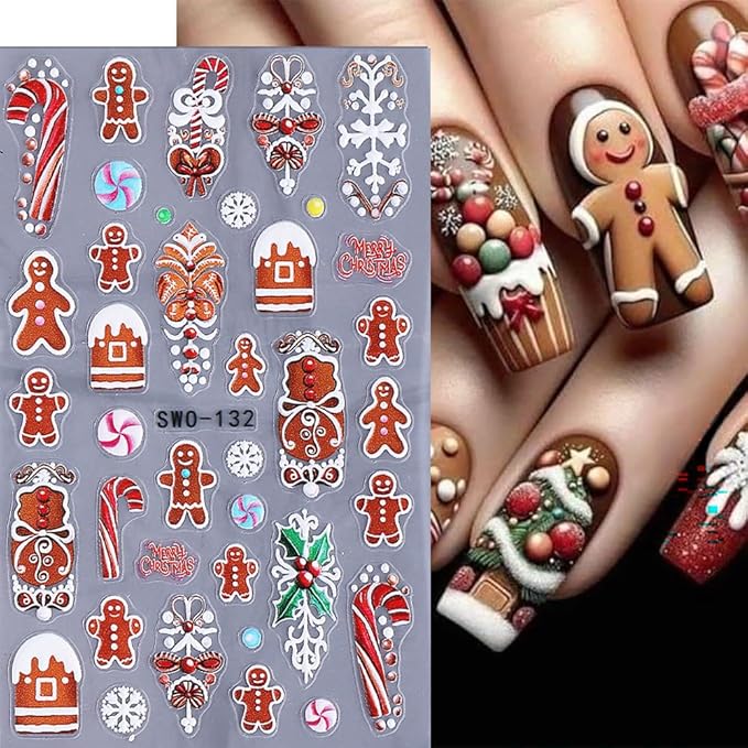 Christmas Nail Stickers 5D Embossed Christmas Tree Snowman Nail Art Stickers Snowflake Nail Decals Self-Adhesive Santa Claus Gingerbread Man Design Sticker Holiday Nail Art Decoration for Women 4Pcs