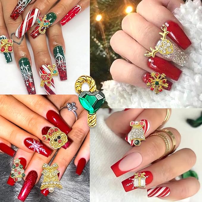 17Pcs Christmas Nail Charms Gold 3D Alloy Reindeer Snowflake Santa Claus Nail Art Charms Shiny Red Green Nail Rhinestones Bling Winter Nail Gems Xmas Gift Nail Supplies for Women Luxury Crystal DIY