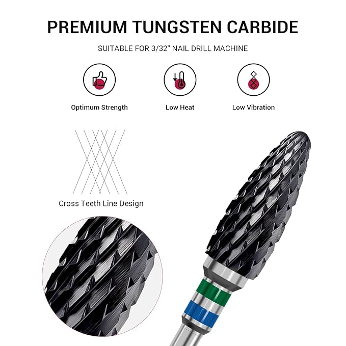 MelodySusie Ceramic Nail Drill Bit, 3/32'' (2.35mm) Professional Acrylic Nail File Flame Drill Bit for Manicure Pedicure Cuticle Gel Nail Polishing, Beginners Bits, Black, Series Bit-S, Coarse