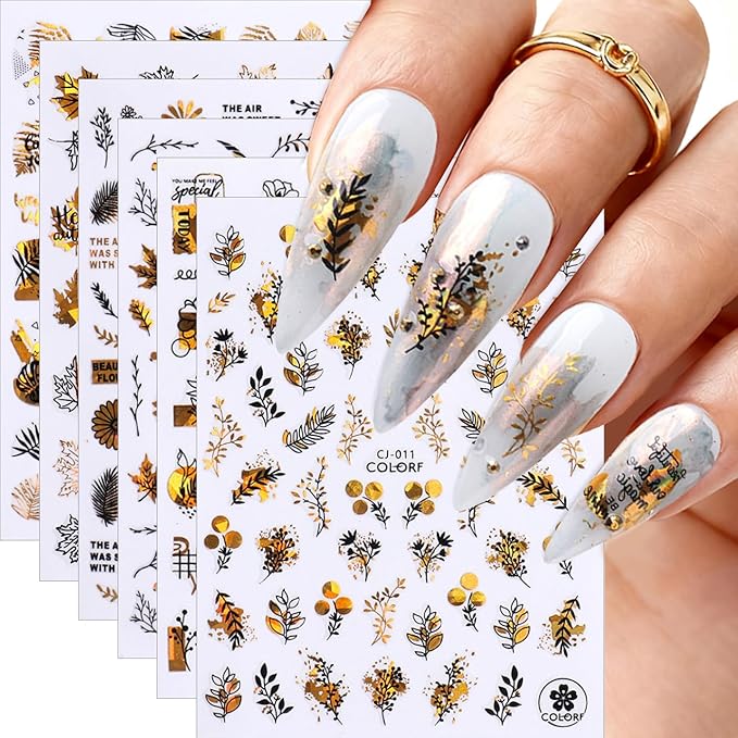 Fall Maple Leaves Nail Art Stickers for Thanksgiving, Gold Maple Leaves Nail Decals 3D Self-Adhesive with Flowers Butterfly Design 6Pcs Laser Gold Glitter Nail Art Supplies for Women Nail Decoration