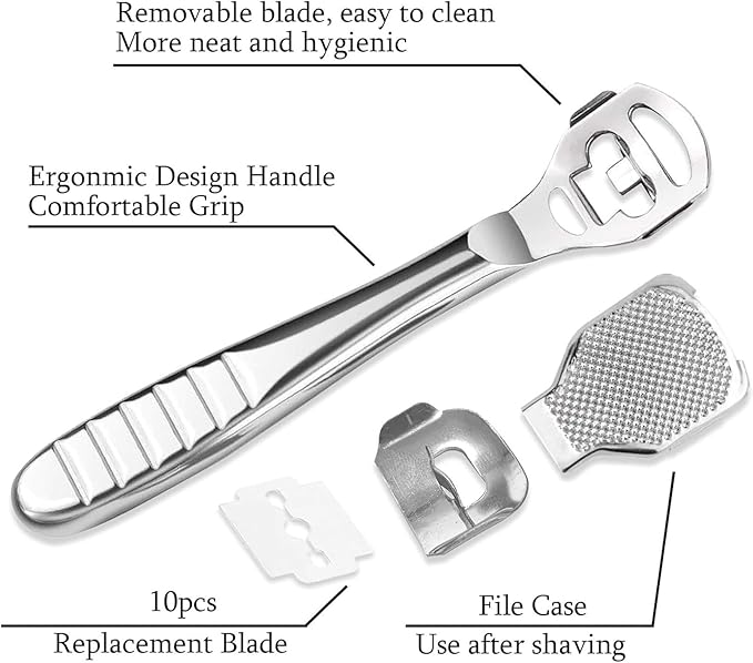 56 Pcs Callus Shaver Set,1 Stainless Steel Foot Razor with 50 Replacement Slices Blades,1 Foot File Head Foot Care Tools,4 Purple Foot Scrubbing Stones,Foot Shaver Callus Remover for Hand Feet