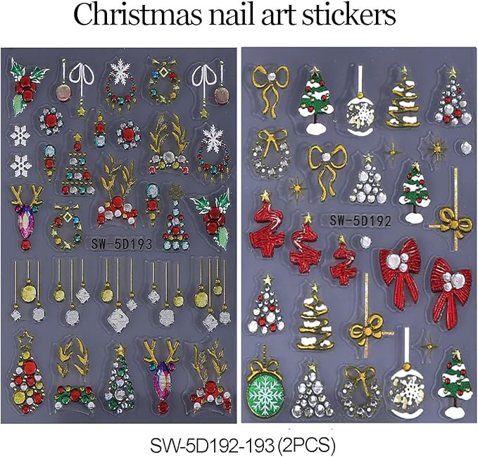 Christmas Nail Art Stickers 5D Embossed Nail Decals with Xmas Tree Light Antler Bow Rhinestones Design Glitter Nail Stickers Acrylic Nail Supplies for Women DIY Christmas Decorations 2 Sheets