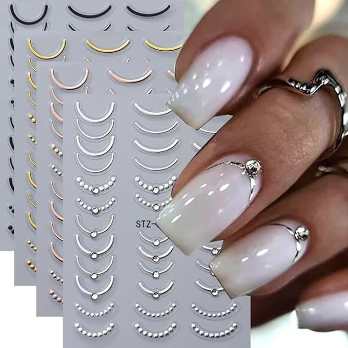 4 Sheets French Tip Nail Art Stickers Luxury Crystal Rhinestones with Stripe Lines French Gold Silver Rose Black Design 3D Nail Supplies for Women Girls DIY Manicure Art Accessories Metallic Set