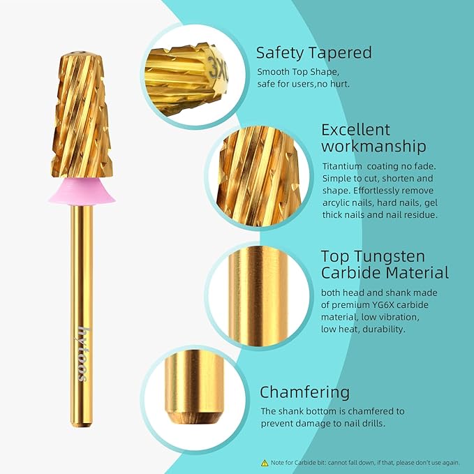 Safety Tapered Nail Drill Bits,Titanium Coating Round Top 3/32 Carbide Nail Bit, Two-way Rotate for Both Hand, Manicure Drills Accessories Remove Thick Gel Tool (3XC, titanium)