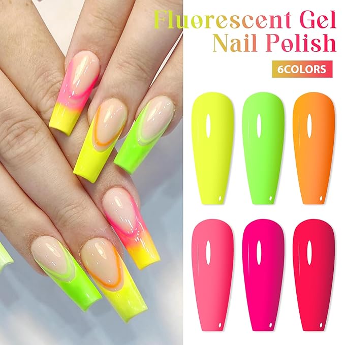 MEET ACROSS Neon Gel Nail Polish Set, Fluorescent Hot Pink Yellow Green Red Spring Summer Nail Polish Kit LED UV Gel Nail Polish Starter Manicure Salon DIY Nail Gel Polish 6 Colors
