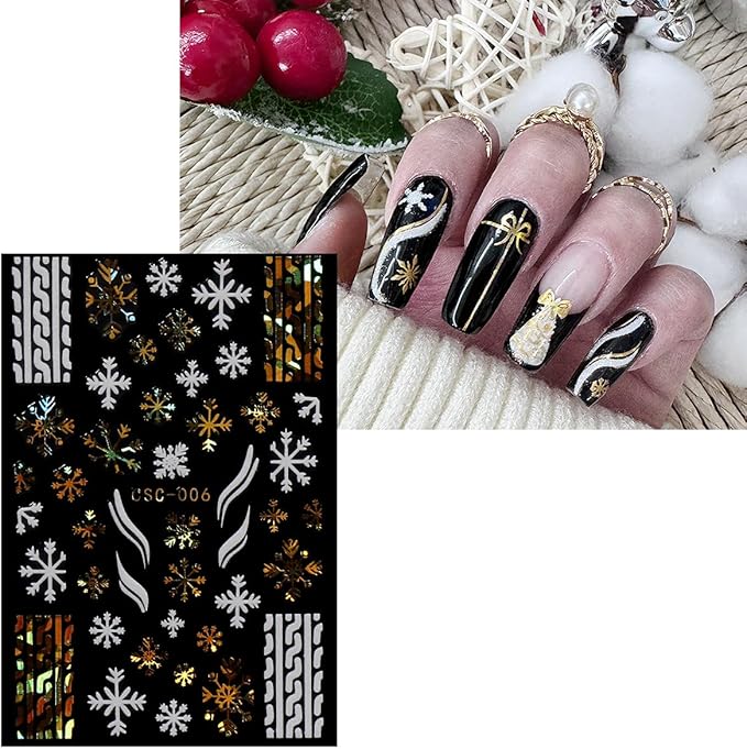 JMEOWIO 8 Sheets Christmas White Glitter Gold Nail Art Stickers Decals Self-Adhesive Snowflake Winter Holiday Nail Supplies Nail Art Design Decoration Accessories
