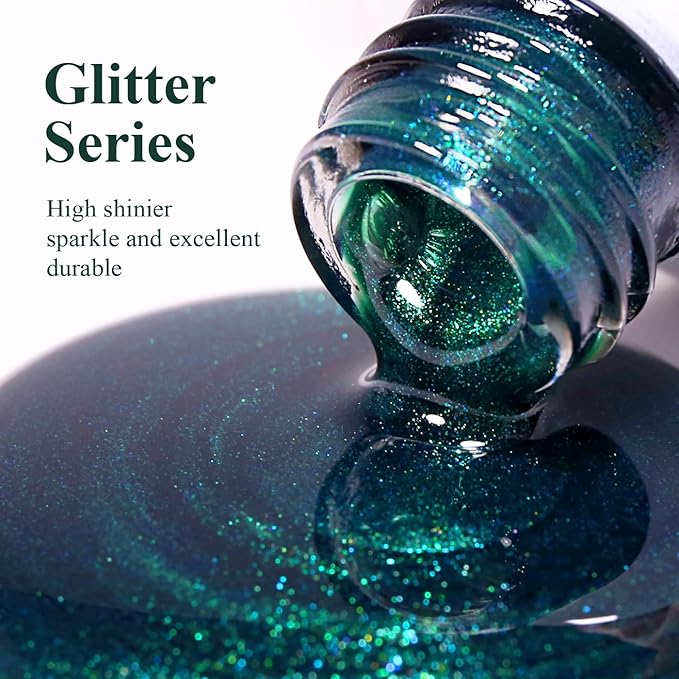 Imtiti Glitter Gel Nail Polish, 15ML Christmas Green Iridescent Glitter Gel Polish Soak Off LED UV Diamond Shimmer Sparkle Nail Gel Polish Fall Winter Manicure Gel Nail Polish Kit