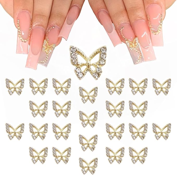 24pcs Golden Butterfly Nail Charms Bulk 3D Charms for Acrylic Nails, Gold Butterflies Nail Rhinestones Charms Nail Alloy Studs Art Jewels Diamonds Gems Decor Supplies for Nails Face Makeup DIY