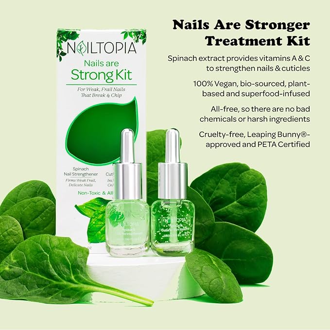 Nailtopia Nails Are Strong Kit - Spinach Nail Strengthener, Spinach Cuticle Revitalizer - Revitalizing Nail Strengthener Set for Dry, Thin Nails - Vitamin Infused, Bio Sourced, and Vegan - 2 pc
