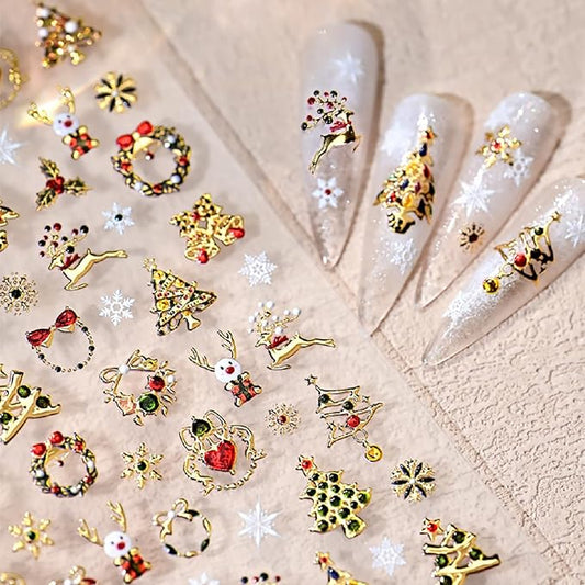 Christmas 5D Embossed Nail Art Stickers Gold Xmas Trees Nail Decals Self Adhesive Snowflake Bell Reindeer Snowman Nail Stickers Xmas Holiday Gift Nail Design Stickers Elk Nail Art Supplies for Women