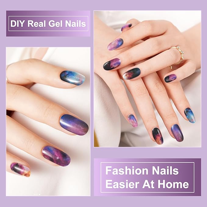 Semi Cured Gel Nail Strips, 28 pcs Gel Nails Stickers for Women Work with Any UV Lamp, Long Lasting UV Gel Nail Strips for Home DIY Nails Art (Smudge Starry Sky)