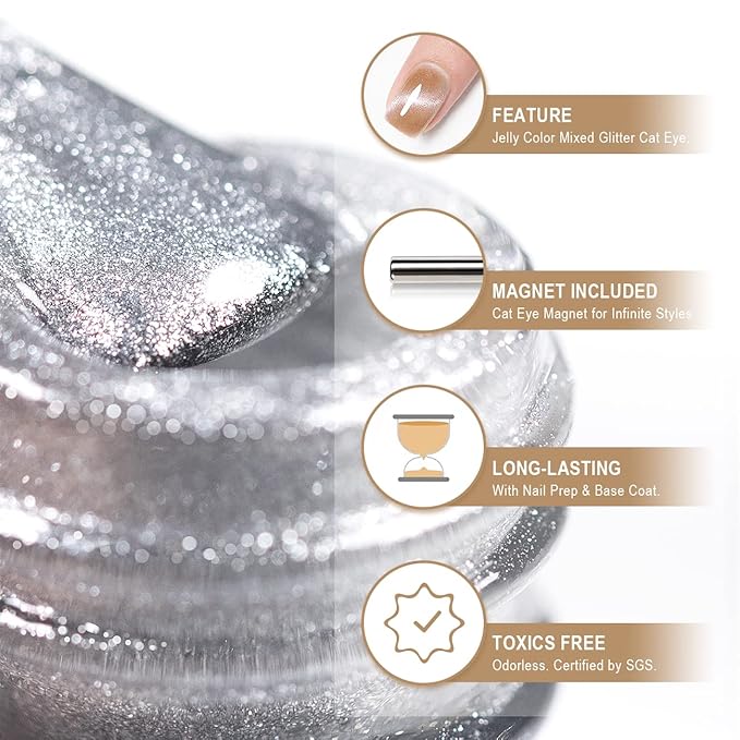 RARJSM Cat Eye Gel Polish 9D Cateye Silver Glitter Champagne Gold Galaxy Universal Velvet Effect Ice Gel Nail Polish Single Bottle with Magnetic Stick UV LED Curing Require Soak Off Home Salon 15ml