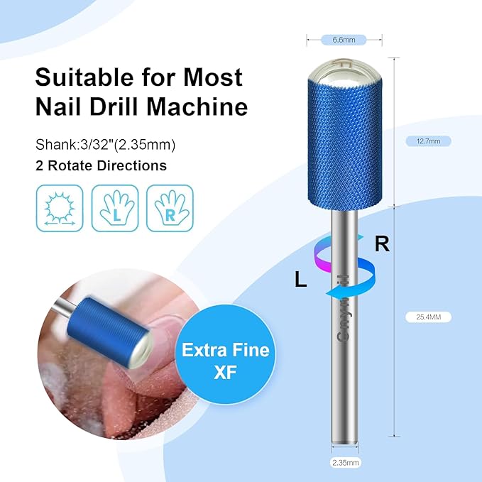 3/32" Large Barrel Smooth Round Top Tungsten Carbide Nail Drill Bit Safety Bit for Gel & Acrylic Removal, 2-Way Rotating Efile Tip, Salon Electric File Accessory (XF Grit, Blue)
