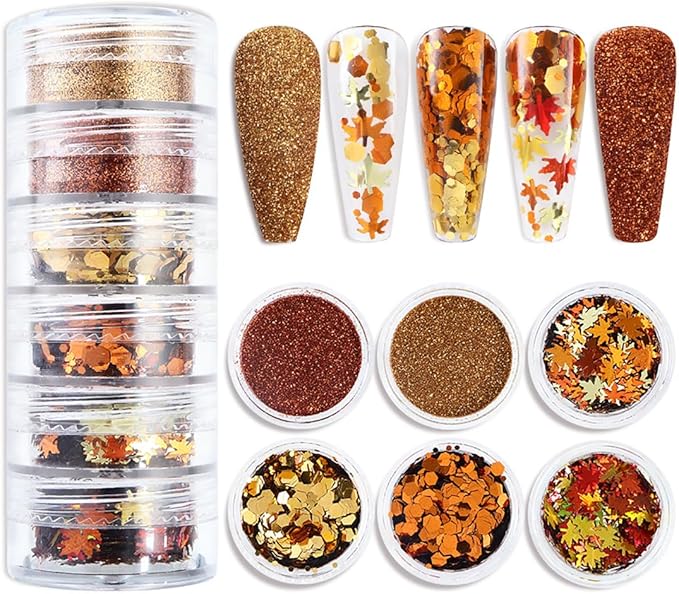 Golden Fall Nail Art Glitters Maple Leaf Nail Sequins Autumn Leaves Nail Decoration Accessories 3D Maple Leaves Nail Decals Professional Fall Nail Designs for Women Manicure DIY 6 Jars