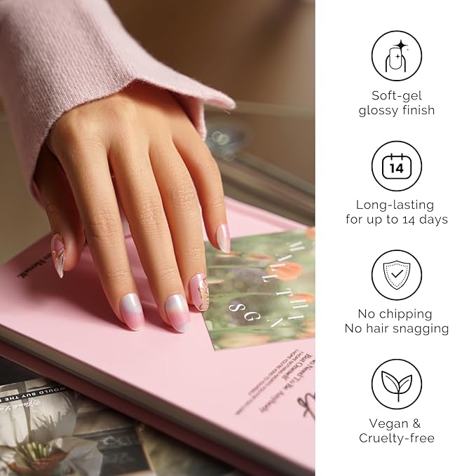 NAILOG 34 Pcs Rainbow Butterfly Gel Nail Strips - Pink Extra Long Nails with Glossy Gel Finishing for Spring Summer, Flying Wings