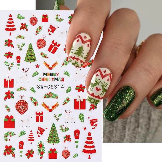 Christmas Nail Art Stickers Decals 3D Christmas Nail Stickers for Nail Art 6PCS Gingerbread Man Candy Cane Santa Claus Holly Cartoon Xmas Nails Design Adhesive Sliders Accessories for Nail Decorations