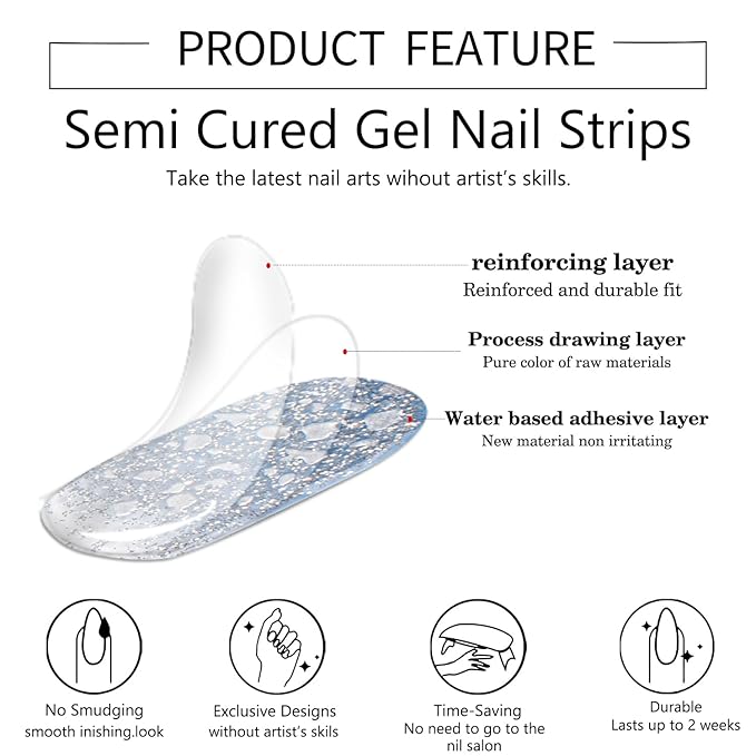 WOKOTO Semi Cured Gel Nail Strips (Blue & Glitter)-16 Pcs Gel Nail Stickers | Gel Nail Wraps | UV Light Required, Salon Quality & Easy To Use, Real Nail Polish Strips Stick On Nails With Nail File