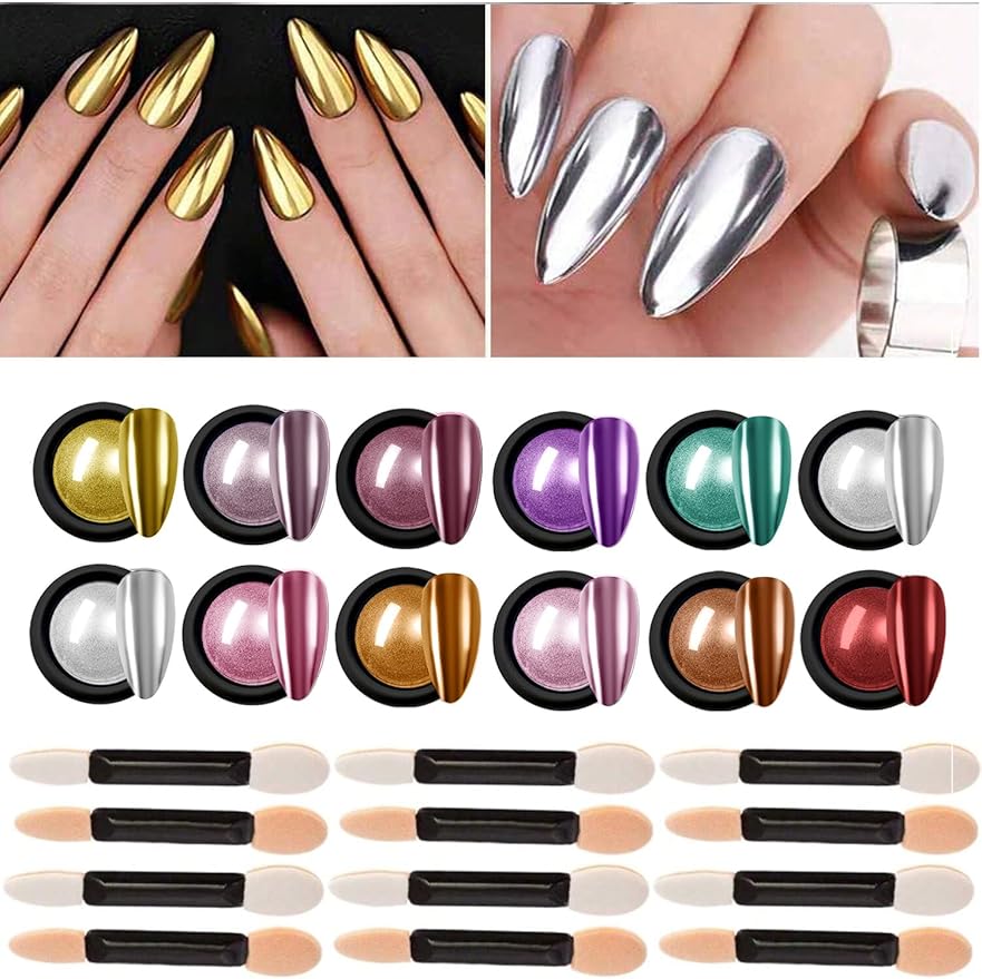 Chrome Powder for Nails,12Colors Aurora Chrome Nail Powder Set Mirror Luster Effect Charm Chrome Powder for Nail Art Acrylic Nails