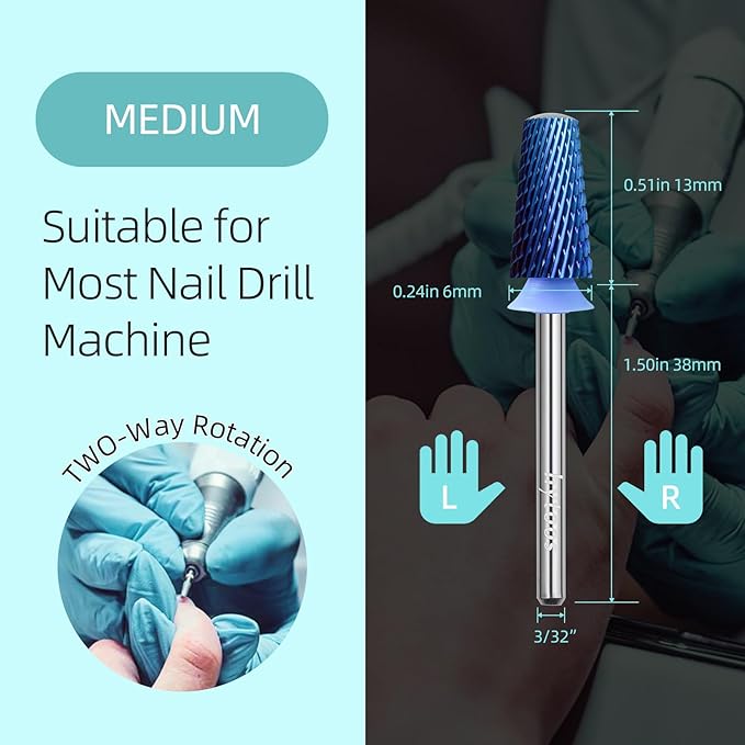 Safety Tapered Nail Drill Bits, Medium Blue Nano Smooth Top Barrel Nail Bit, 3/32 Two-way Carbide Drill Bits for Nails, Electric Drills Files Accessories Removal Manicure Gel