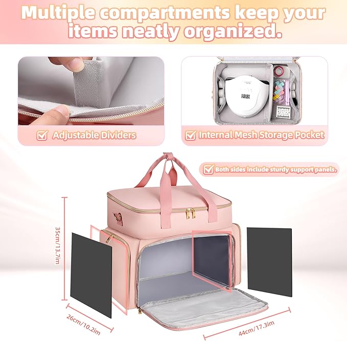 Nail Polish Organizer Case for 96 Bottles – Waterproof Travel Bag with Hard Bottom – Double Layer Nail Storage Bag with Adjustable Dividers & Nail Lamp Compartment – for Home or Salon Use