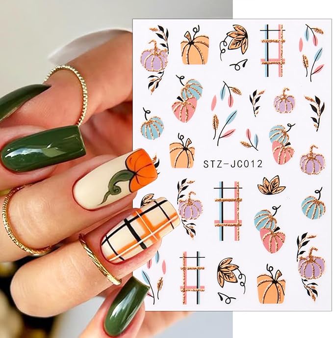 6 Sheets Fall Nail Stickers for Nail Art Cute Pumpkin Nail Decals Autumn Maple Leaf Nail Art Stickers 3D Self-Adhesive Glitter Thanksgiving Day Pumpkin Nail Decoration for Women Nails Design Supplies