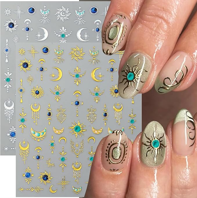 2 Sheets Star Sun Moon Nail Art Stickers 5D Embossed Gold Silver Nail Stickers Bohemian Style Blue Green Crystal Diamonds Design Star Nail Art Decals Manicure Slider for Women DIIY Nail Decorations