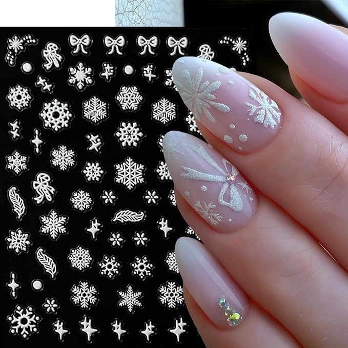 6 Sheets Snowflake Nail Stickers 5D Embossed Christmas Snow Nail Art Stickers Self Adhesive Winter Snowflake Nail Decals Snowmen Star Christmas Nails Decoration Supplies for Women Holiday Manicure