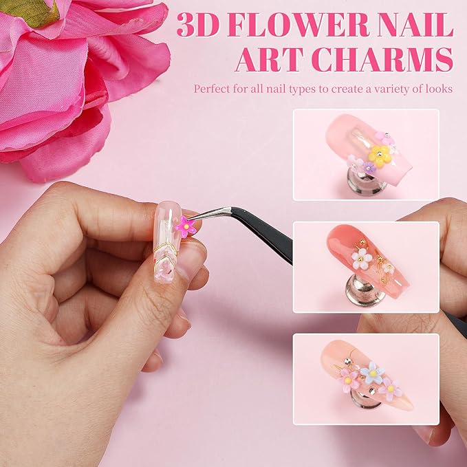 2 Boxes Colorful Flower Nail Charms and Gems, Iridescent Nail Flower Charms Crystal AB Clear Gemstones Silver/Gold Caviar Beads Glass Bubble Beads with Nail Chain for DIY Manicure Crafts (8-S2-Mixed5)