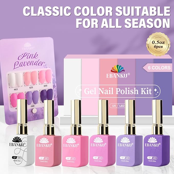 EBANKU 6 Pcs Pink Gel Nail Polish Set, 15ML Same Color Same Bottle White Purple Soak Off Gel Nail Polish Kit Nail Art Manicure Gifts for Women