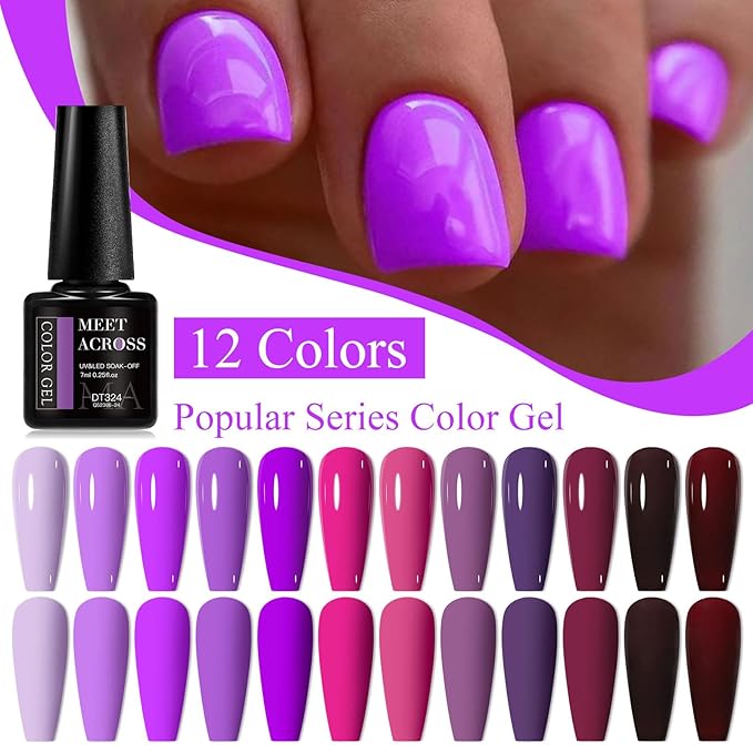 MEET ACROSS 12PCS Gel Nail Polish Set, 12 Colors Gel Nail Kit Art Design Soak Off UV LED,Nail Art Design Gifts for Women (SET-2, 12PCS)