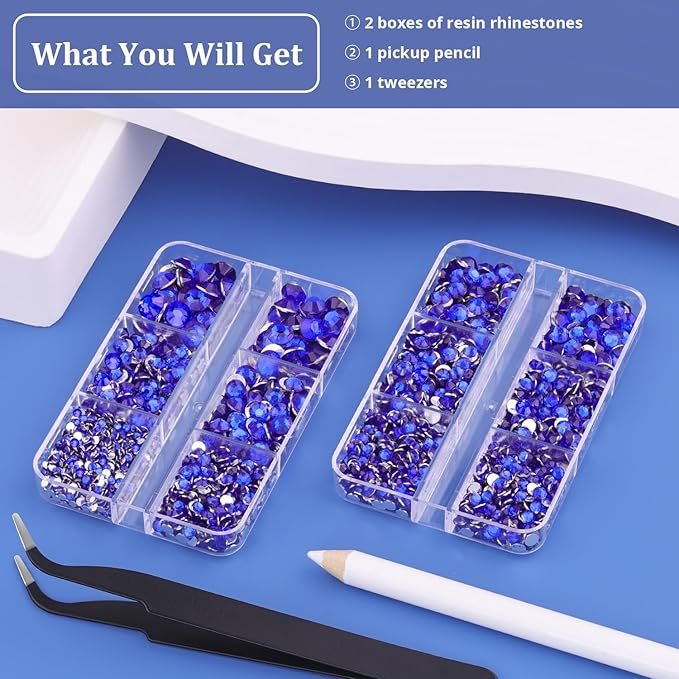 Resin Rhinestones for Crafting, 2 Boxeses Royal Blue Multi Sizes Flatback Bedazzling Crystals for Crafts Nail Art Deco, Non Hotfix Gems Charms for Tumbler Shoes Clothing Fabric Face Makeup