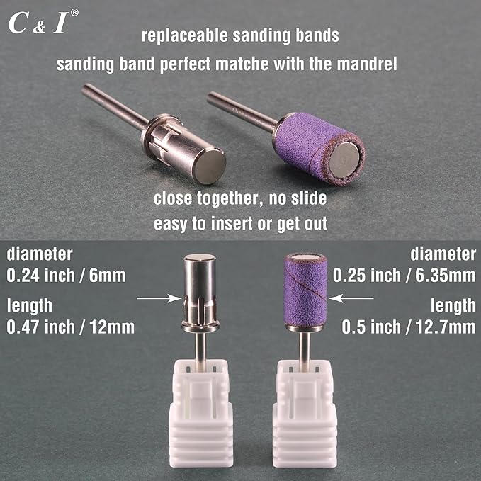 C & I Nail Sanding Bands 100 PCS Plus Upgrade Mandrel 1 PC, Nail Drill Bits for Acrylic Gel Nails Remove, Natural Nails Buffer for Nail Prep and Nail Shiner (Green, #80 Extra Coarse)