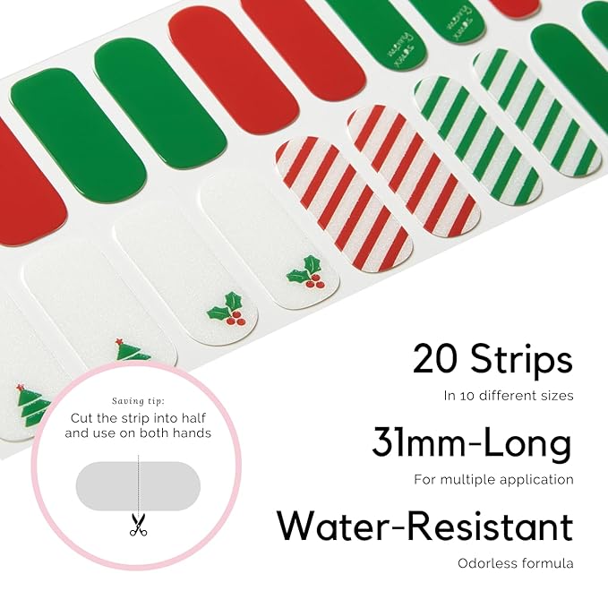 NAILOG 20 Pcs Gel Nail Strips - Extra Long Nail Wraps with Glossy Gel Finishing Green, Festive Fir