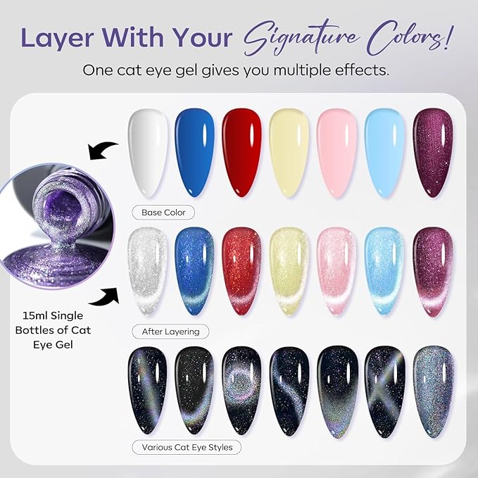 modelones Cat Eye Gel Nail Polish,Glitter Purple Gel Polish with Magnet Magentic Cateye Gel Polish Soak Off Led Reflective Gel Top Coat Manicure Salon DIY Gifts