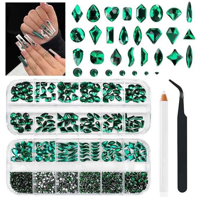 24 Styles Emerald Green Nail Rhinestones Multi Shapes Flatback Crystals Gems Round Beads K9 Glass Stones Diamonds Jewels Nail Art Charms Supplies for Nails Face Eyes Makeup Crafts Clothes Shoes