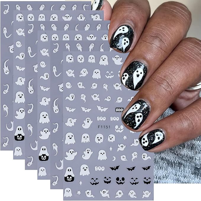 Halloween Ghost Nail Art Stickers Luminous Nail Stickers 6PCS Cute Ghost Bat Boo Halloween Nails Design 3D Self-Adhesive Nail Decals Nail Art Supplies Manicure Sliders for Women DIY Nail Decorations