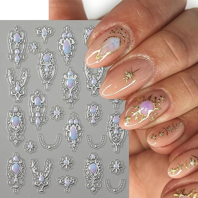 4Pcs 5D Embossed Gemstone Nail Stickers Gold Silver Nail Art Stickers Decals with Gold Mace Design Colorful Rhinestones Nail Stickers for Nail Art Mace Style Nail Decoration for Women Nails Supplies