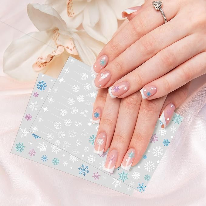 XZENTIRA 8 Sheets Snowflake Nail Stickers DIY Christmas Winter Decals 3D Self Adhesive Colorful Snowflakes Stars for Women Christmas Winter New Year Nail Designs