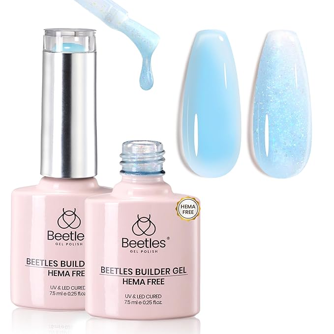 Beetles Builder Gel for Nails HEMA-Free, 2Pcs Blue Glitter Builder Nail Gel for Nail Apex Building Thickening Strengthener & Extension for Beginner Women 0.25 fl.oz