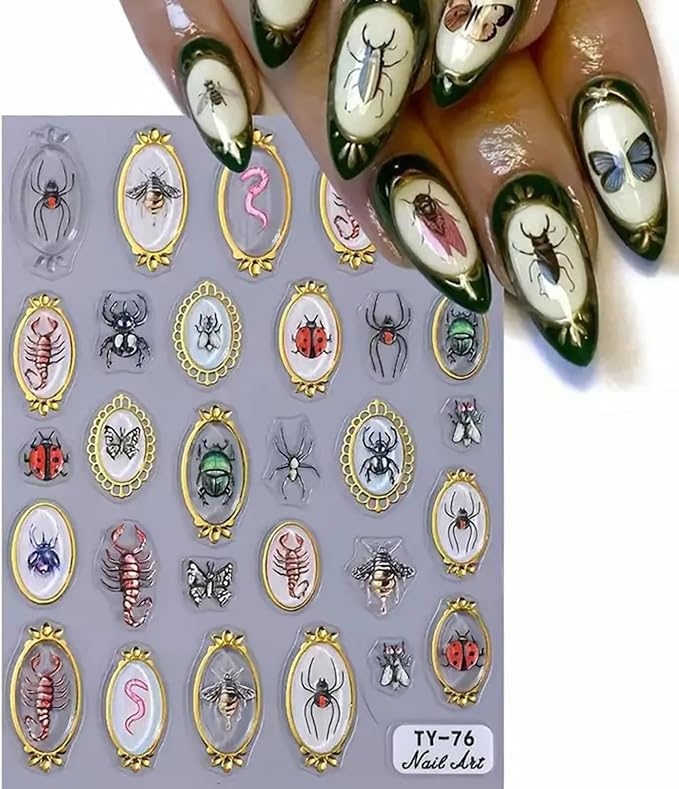 Insect Nail Art Stickers Decals 5D Embossed Nail Art Decals 5D Nail Stickers Amber Spider Ladybug Scorpion Butterfly Insect Nails Designs Cute Halloween Nail Accessories for Acrylic Nails Decorations