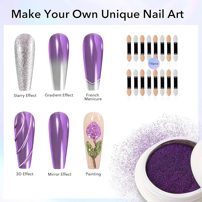 16 Colors Mirror Chrome Nail Powder Set Mirror Effect Holographic Chameleon Pigment Chrome Iridescent Pearlescent Powder for Nail Art Decoration Glitter