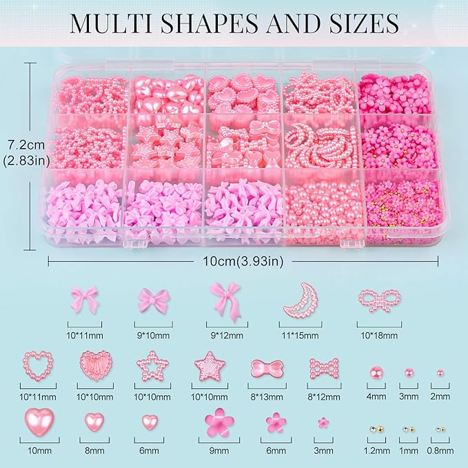 3D Nail Charms for Coquette Nails Design with Rhinestone Glue Set 4, Pink Nail Bow Charms + Pearl Heart Star Moon Bowknot Nail Jewels + 3D Flowers and Pearls, with Picker Tools for Nail Decor