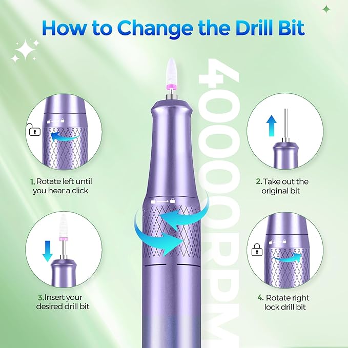 Nail Drill Electric File: DEDNMSCA Sparkly Professional Nail Drill Kit, 40000RPM E-File Machine with 12 Drill Bits for Acrylic Nails Remove Nail Gel Polish Manicure for Salon Home, Diamond